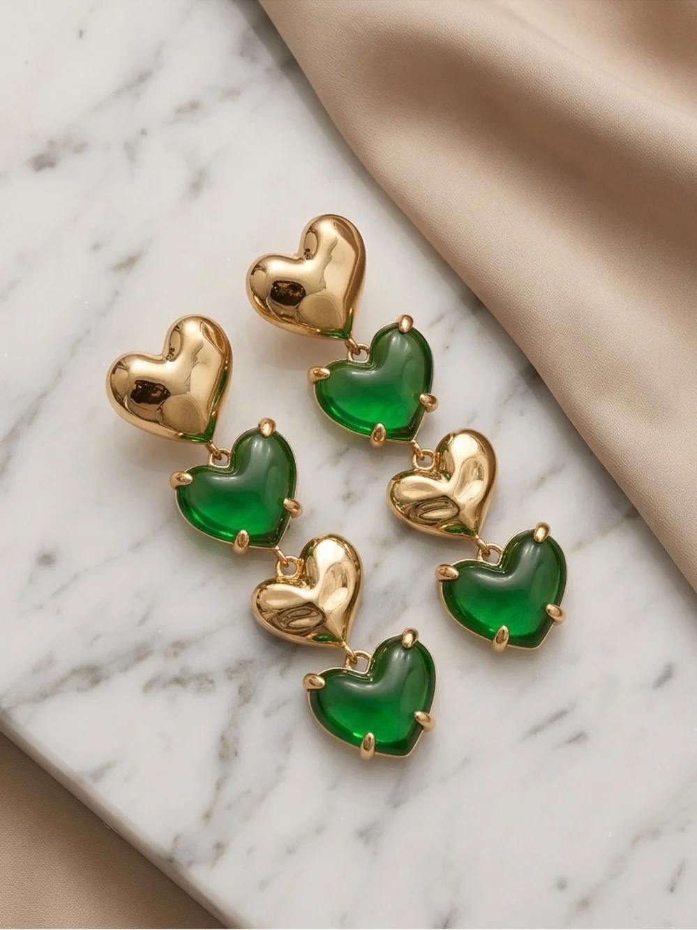 Gold & Green Triple Heart Drop Earrings - Women Jewelry